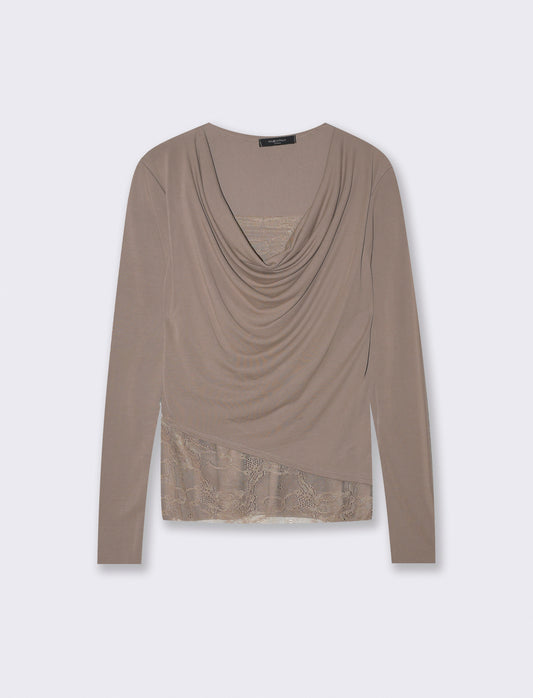 Tshirt con dettagli in pizzo - Grigio fango