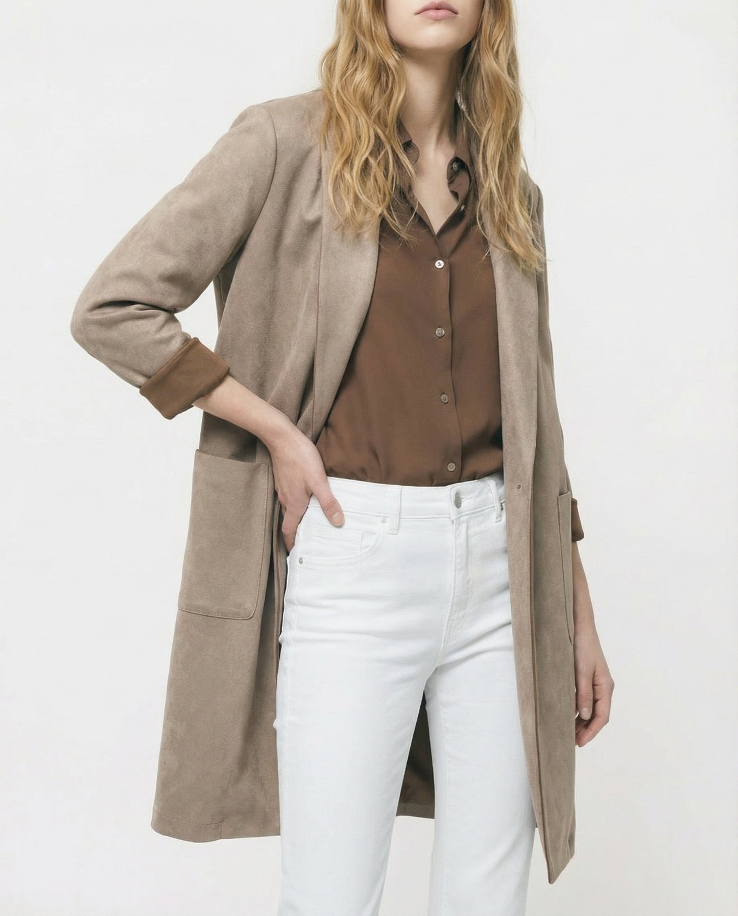 Cappotto monopetto in tessuto suede - Grigio fango