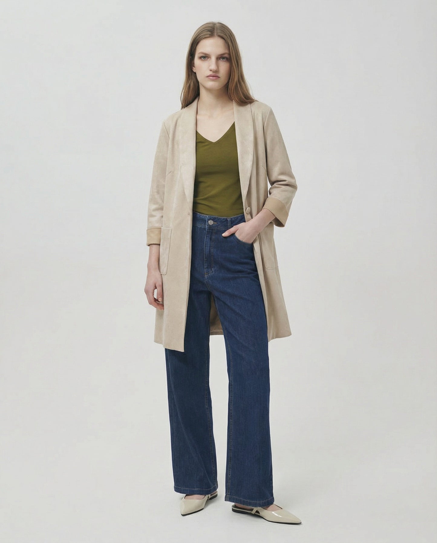 Cappotto monopetto in tessuto suede - Vaniglia