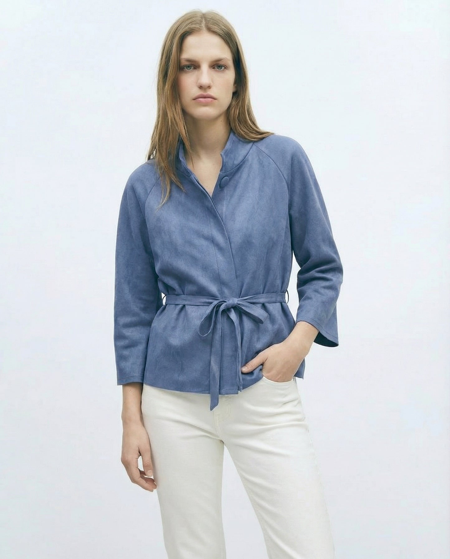 Mantella con bottoni in tessuto suede - Denim