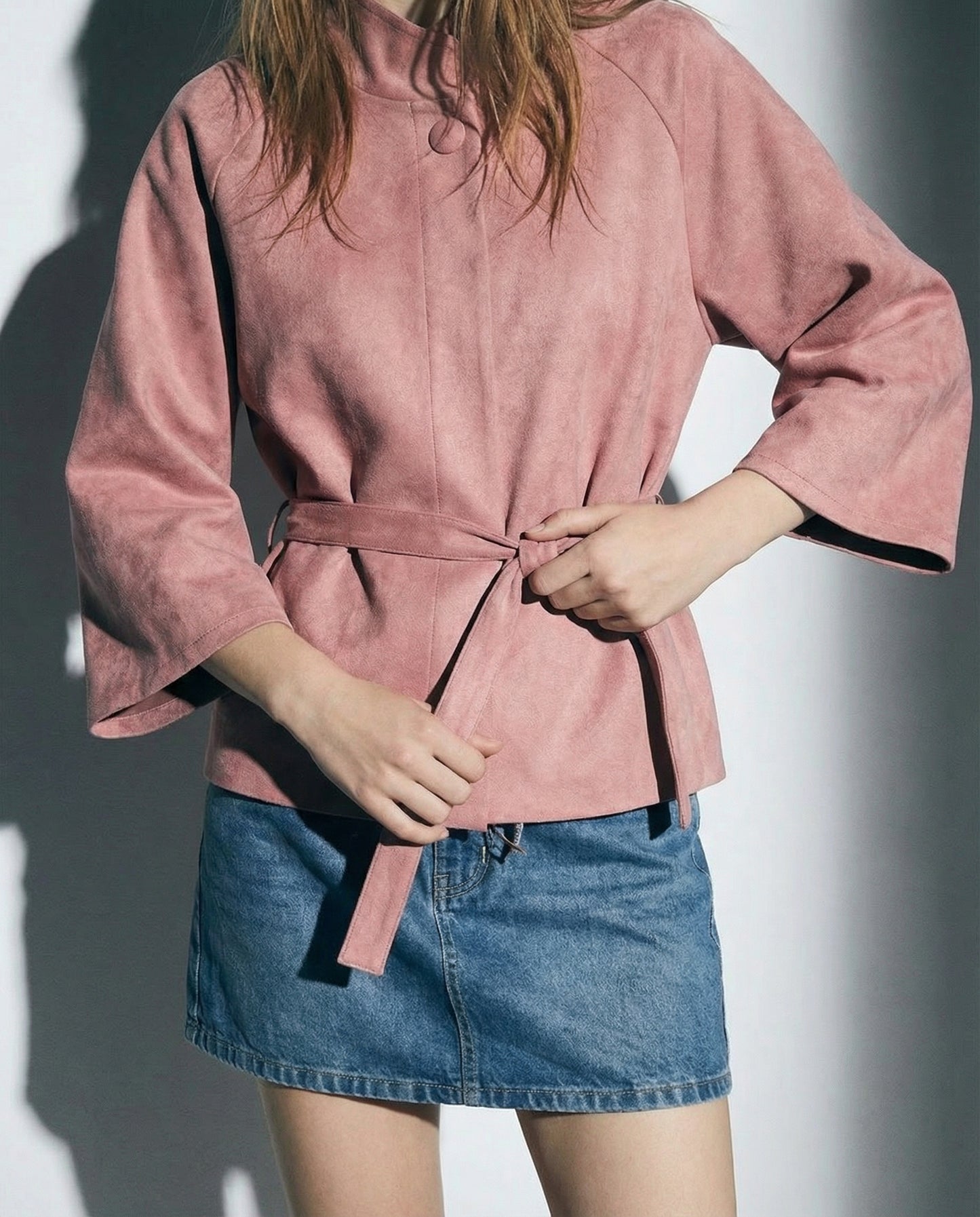 Mantella con bottoni in tessuto suede - Cipria