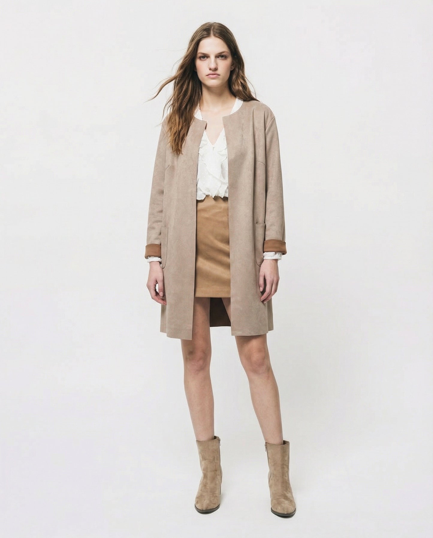 Giacca aperta no bottoni in tessuto suede - Grigio fango