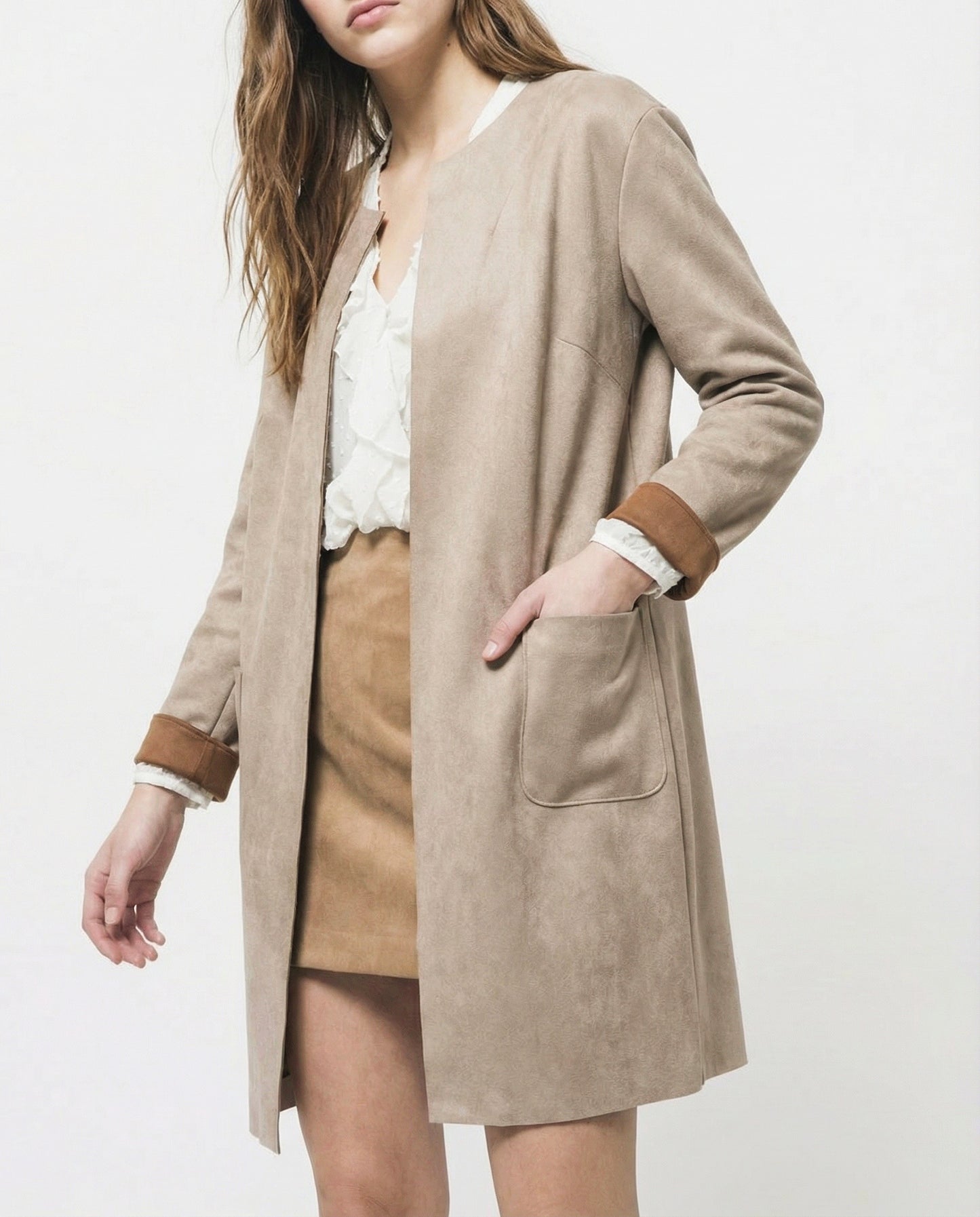 Giacca aperta no bottoni in tessuto suede - Grigio fango