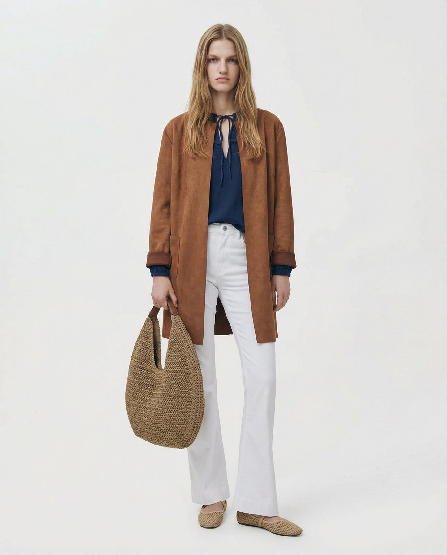 Giacca aperta no bottoni in tessuto suede - Cammello