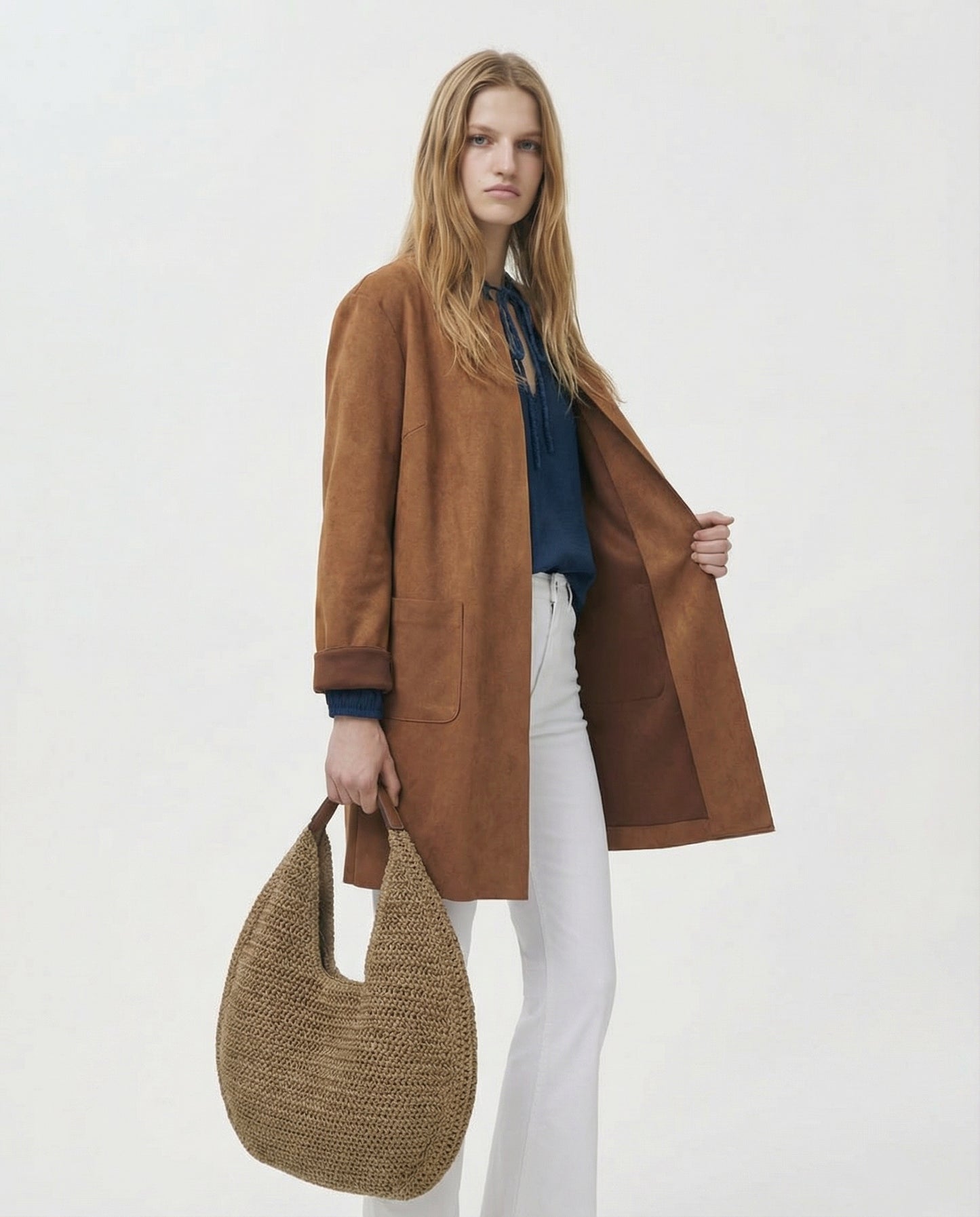 Giacca aperta no bottoni in tessuto suede - Cammello