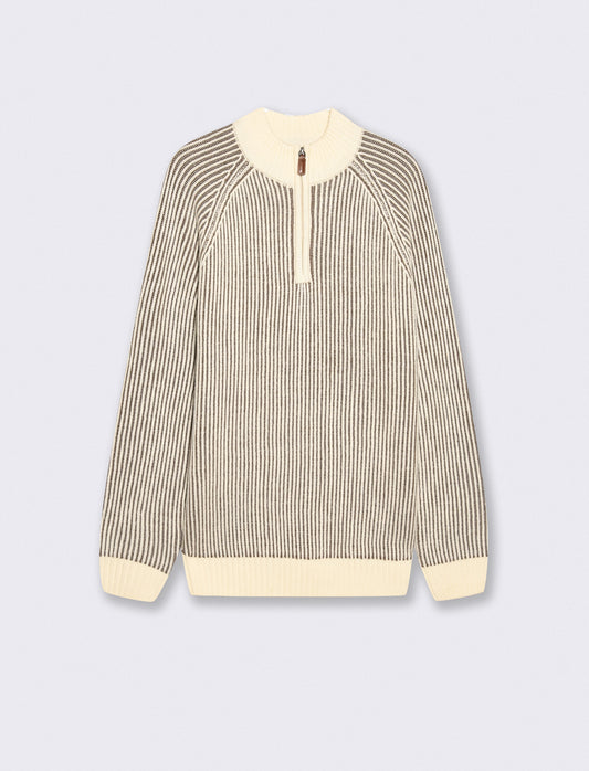Maglia lupetto con cerniera a coste - Beige ecru