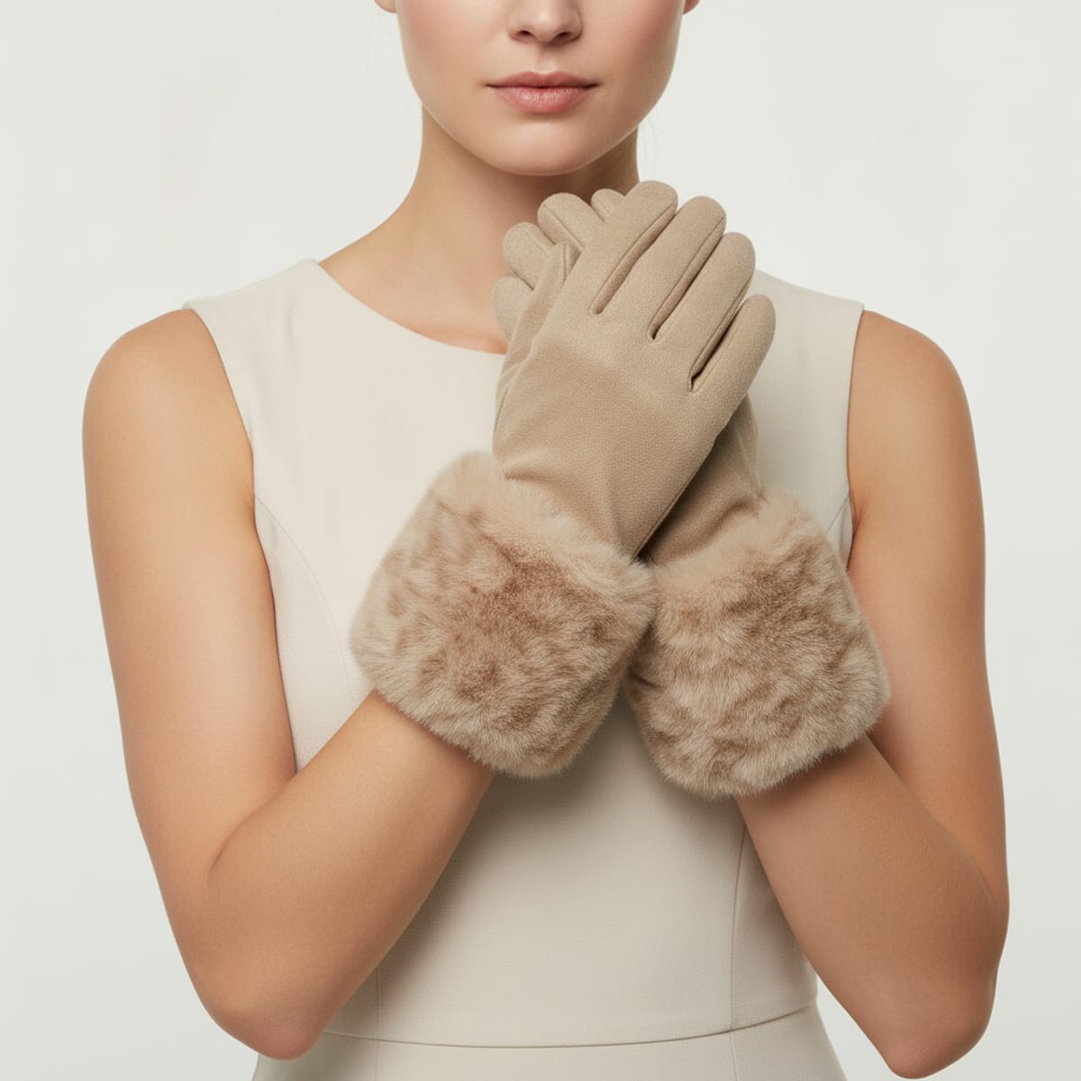 Guanti finta pelliccia e suede touch - Beige
