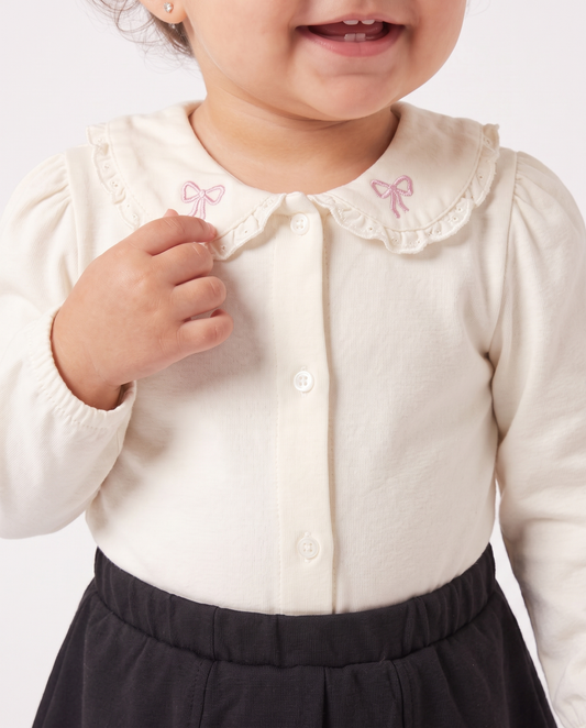 Body in jersey con colletto e ricami - Bianco latte