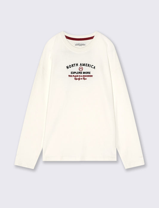 T-shirt in cotone con stampa e ricamo - Bianco latte