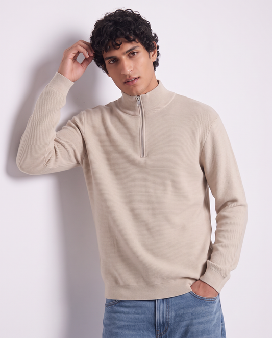 Maglia lupetto con cerniera regular fit - Sabbia