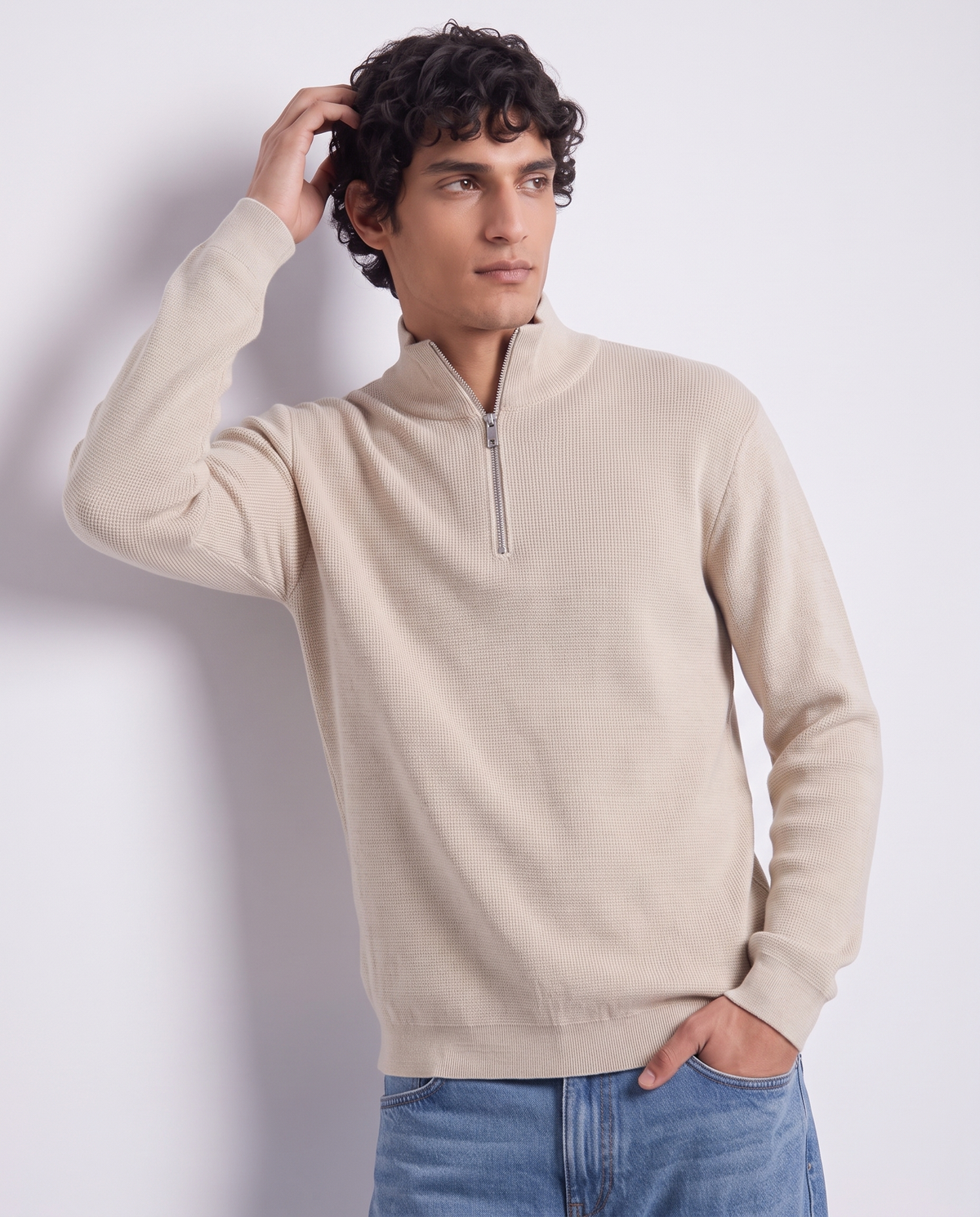 Maglia lupetto con cerniera regular fit - Sabbia