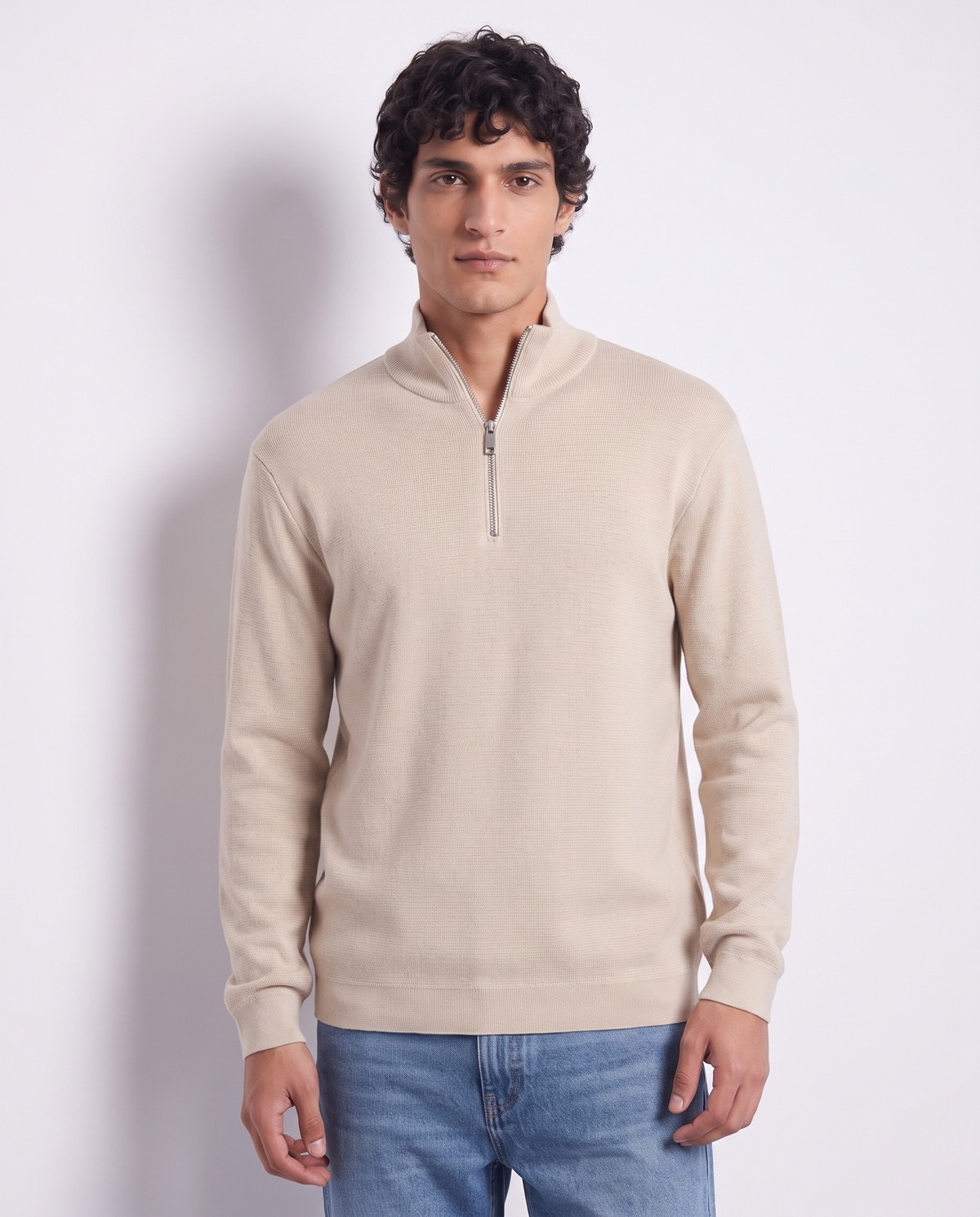 Maglia lupetto con cerniera regular fit - Sabbia
