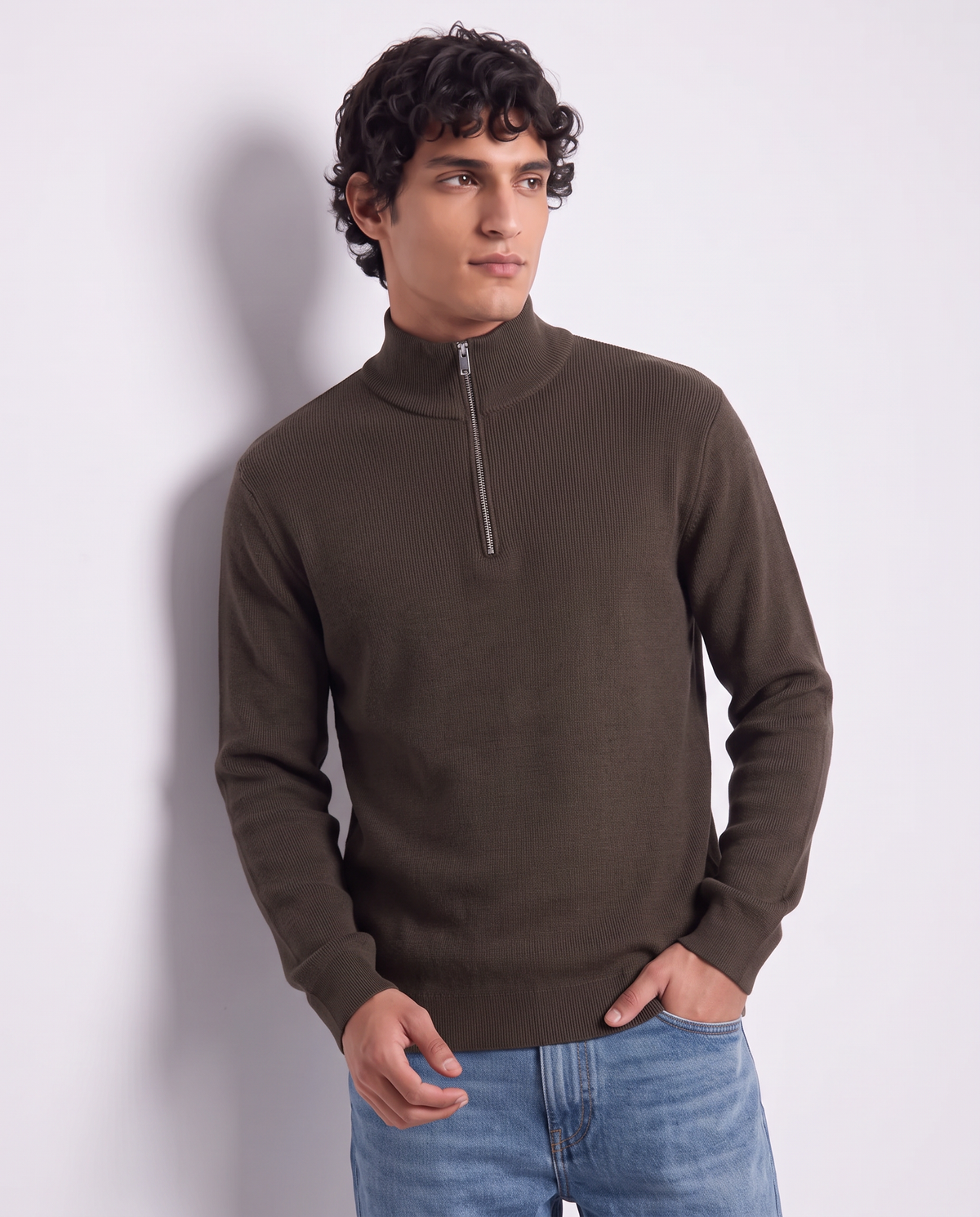 Regular fit zip neck sweater - Brown