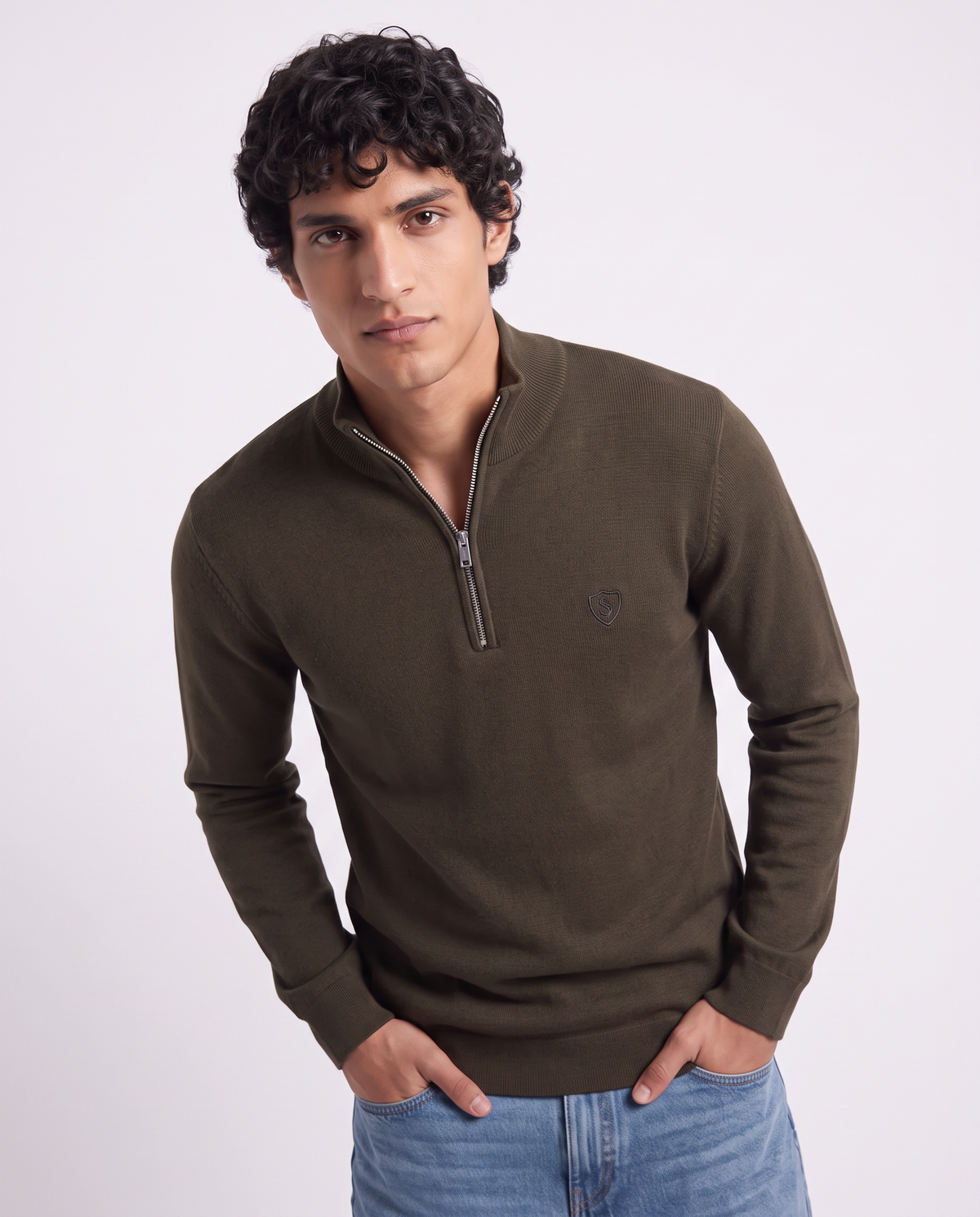 Regular fit zip neck sweater - Brown
