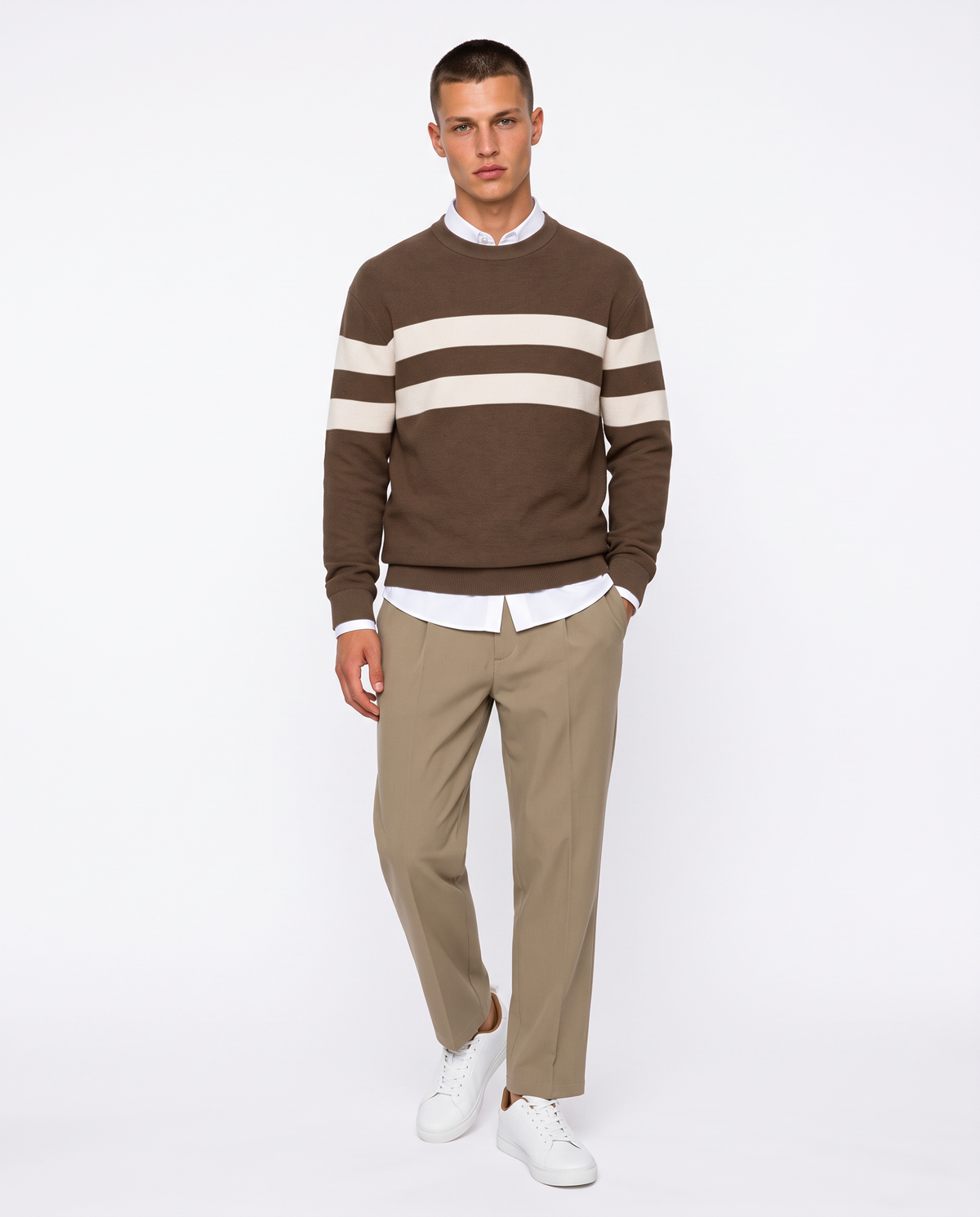 Crew neck sweater with contrasting band - Grey
