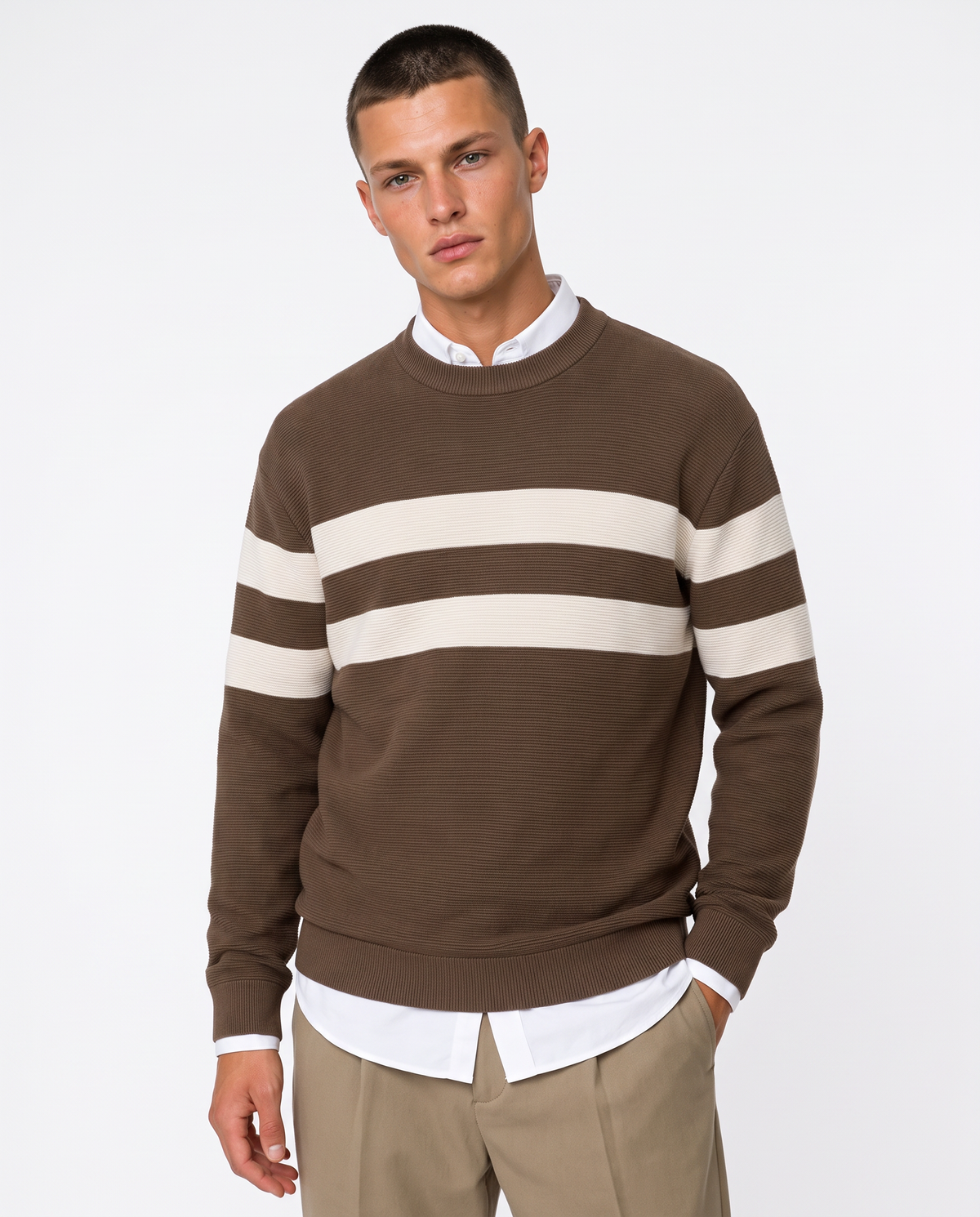 Crew neck sweater with contrasting band - Grey