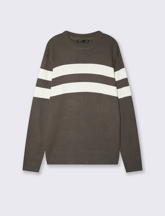 Maglia girocollo con fascia a contrasto - Grigio fango