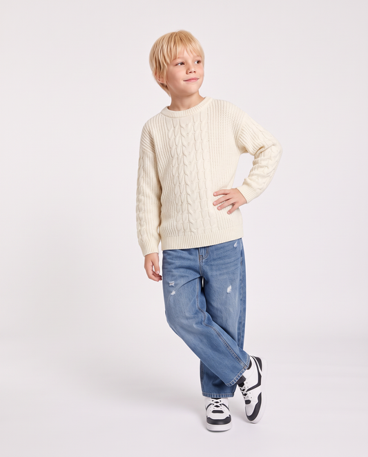 Crew neck cable knit and ribbed sweater - Beige