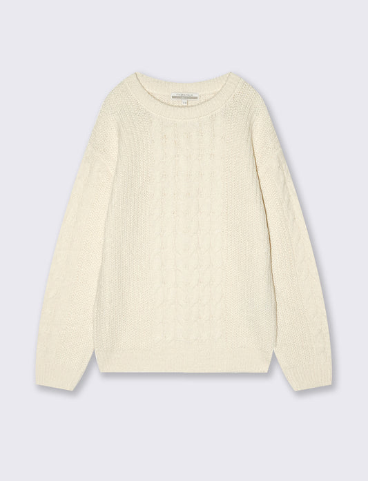 Crew neck cable knit and ribbed sweater - Beige