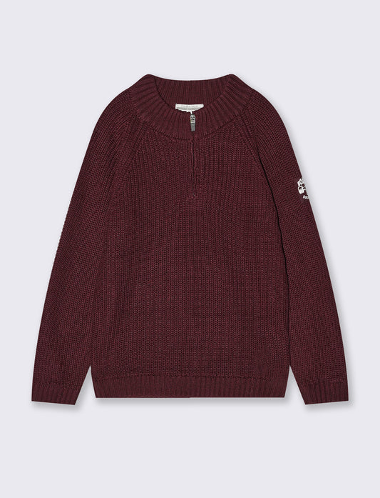 High Neck Cotton Blend Sweater with Zip - Red