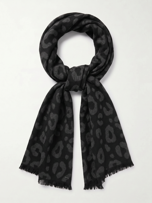 Sciarpa leopardata con frange - Nero