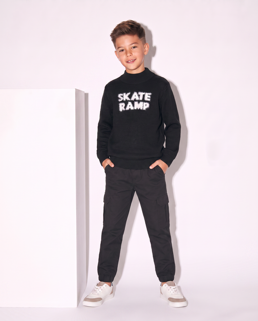High Neck Wool Blend Jacquard Sweater - Black