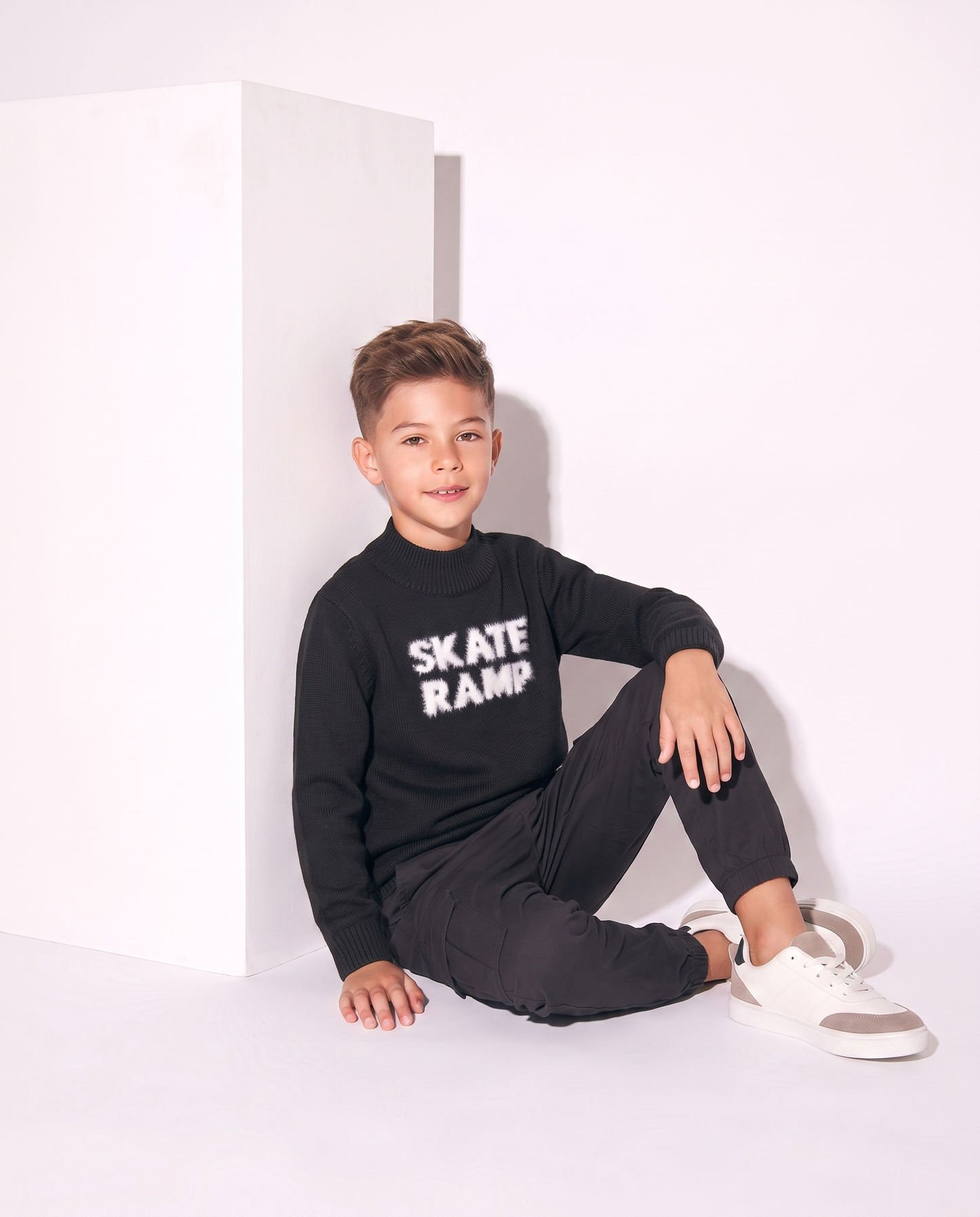 High Neck Wool Blend Jacquard Sweater - Black