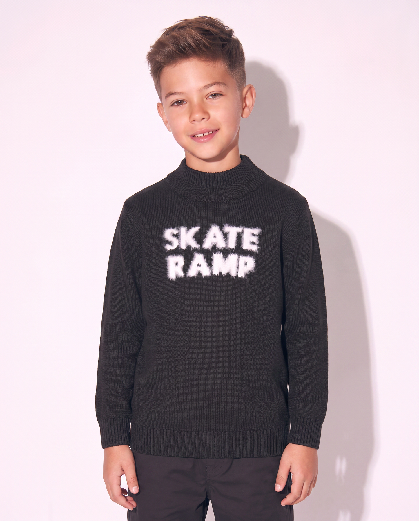 High Neck Wool Blend Jacquard Sweater - Black