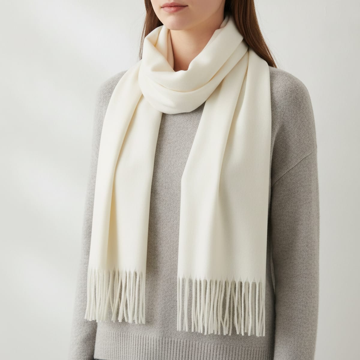 Sciarpa unita con frange eleganti - Bianco sporco