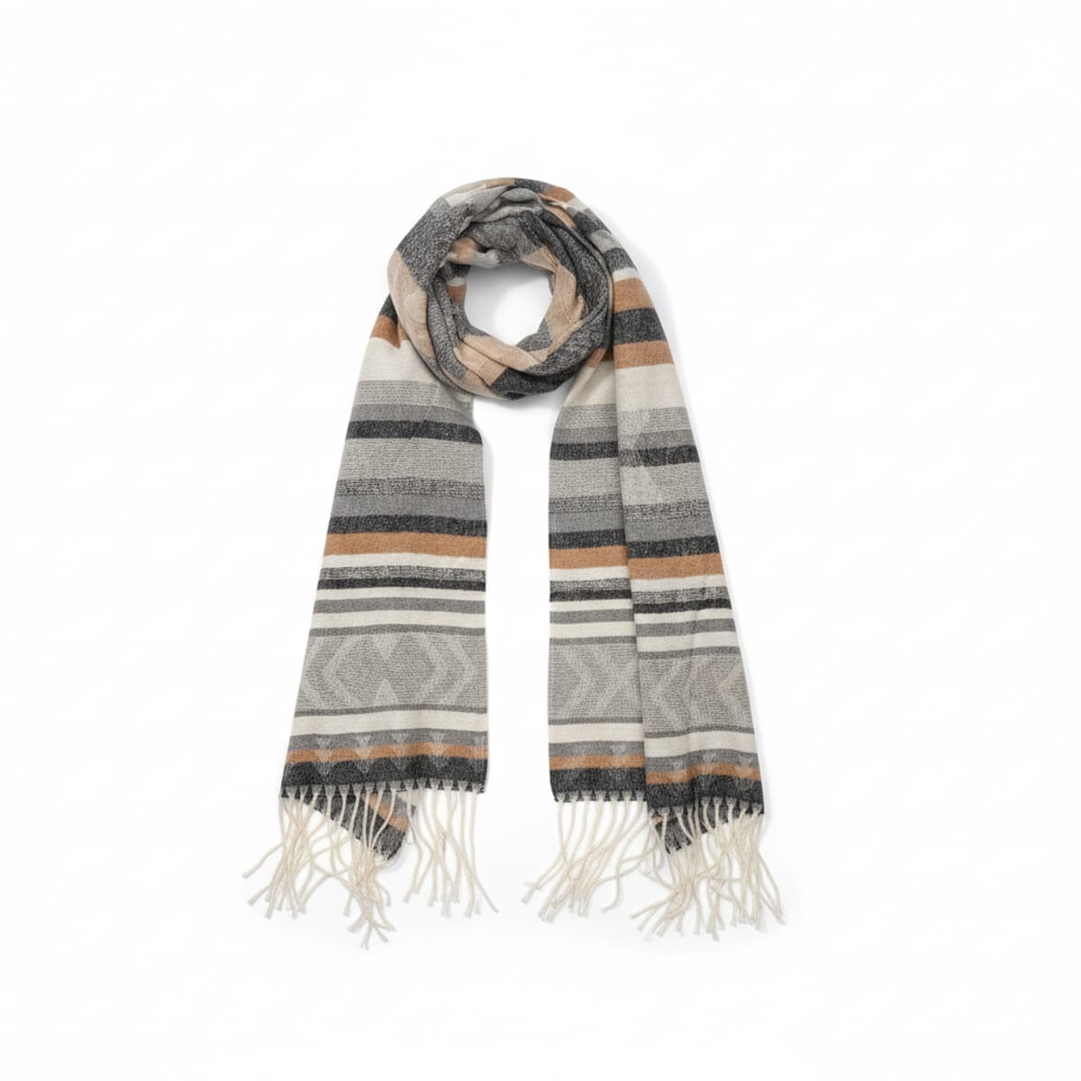Men's Scarf with Fringe Ethnic Pattern - Black