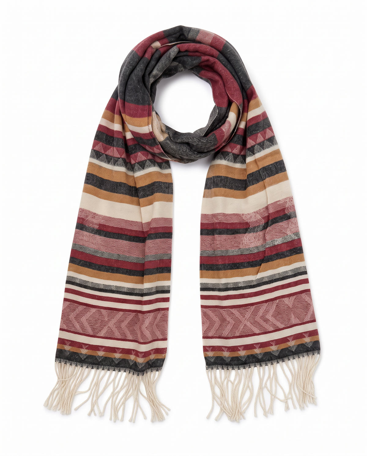 Men's Scarf with Fringe Ethnic Pattern - Red
