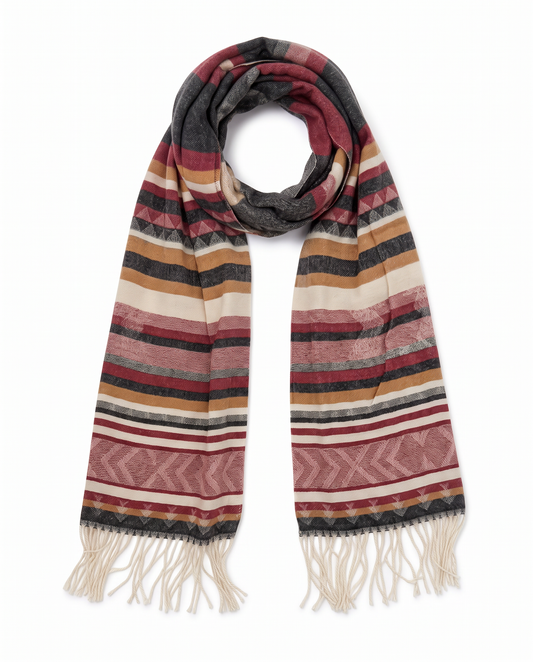 Men's Scarf with Fringe Ethnic Pattern - Red