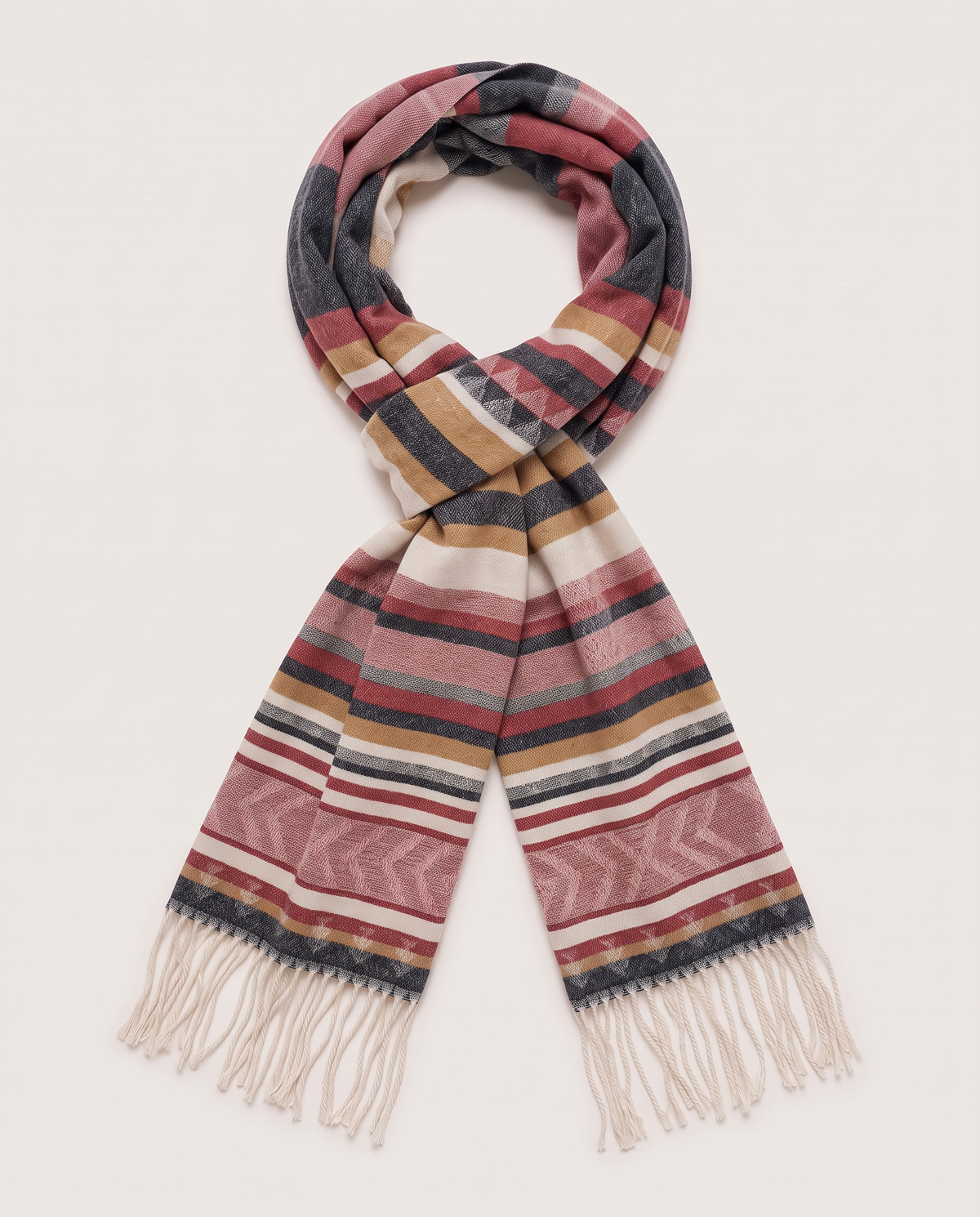 Men's Scarf with Fringe Ethnic Pattern - Red