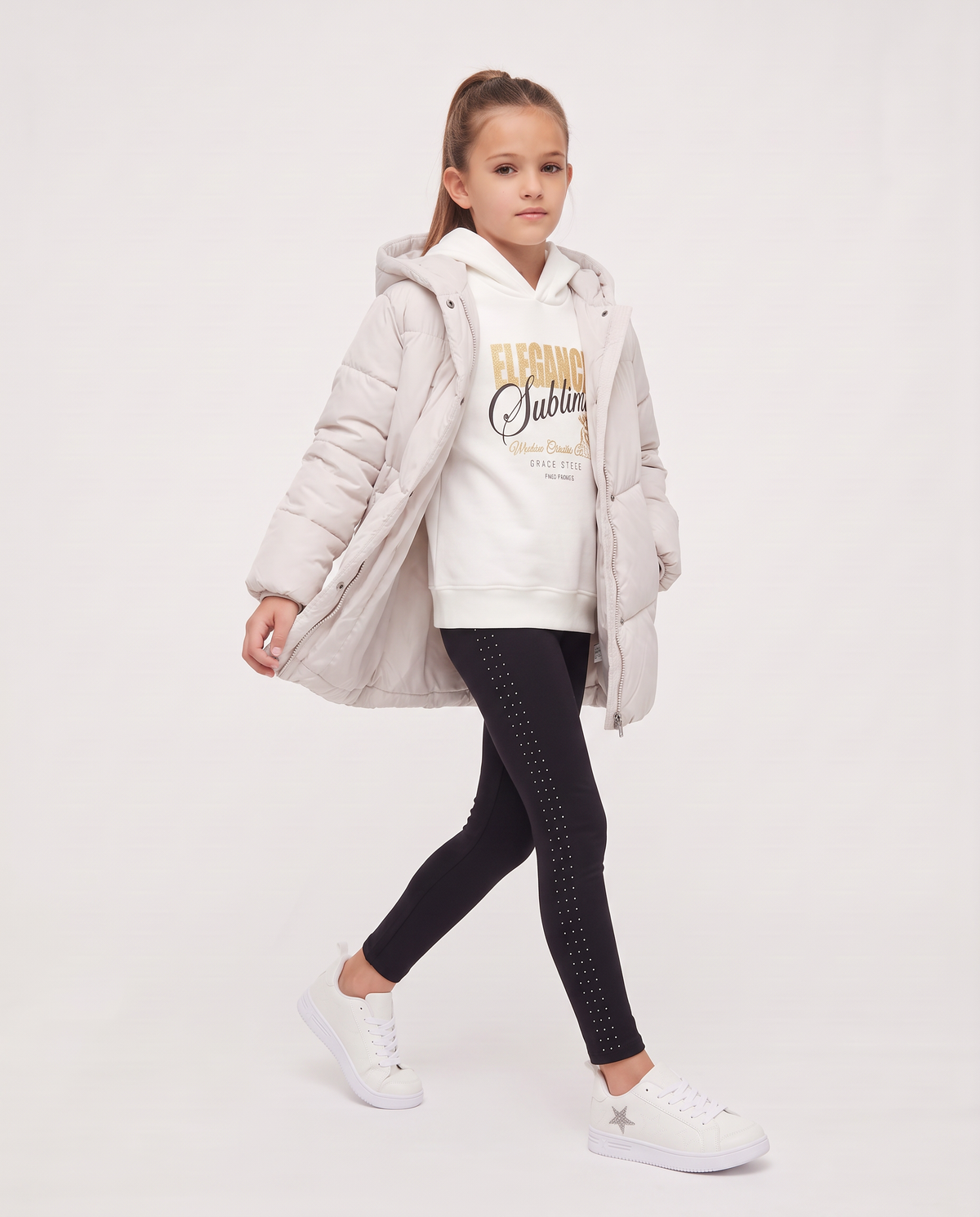 Giaccone imbottito da bambina con cappuccio - Beige