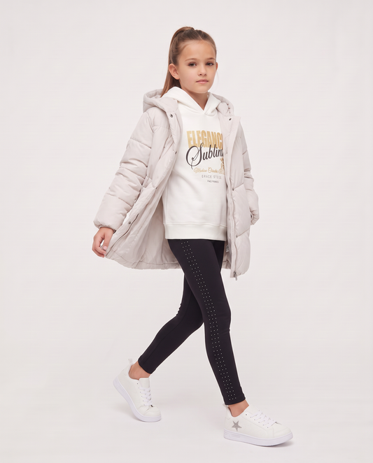 Girls' Padded Jacket with Hood - Beige