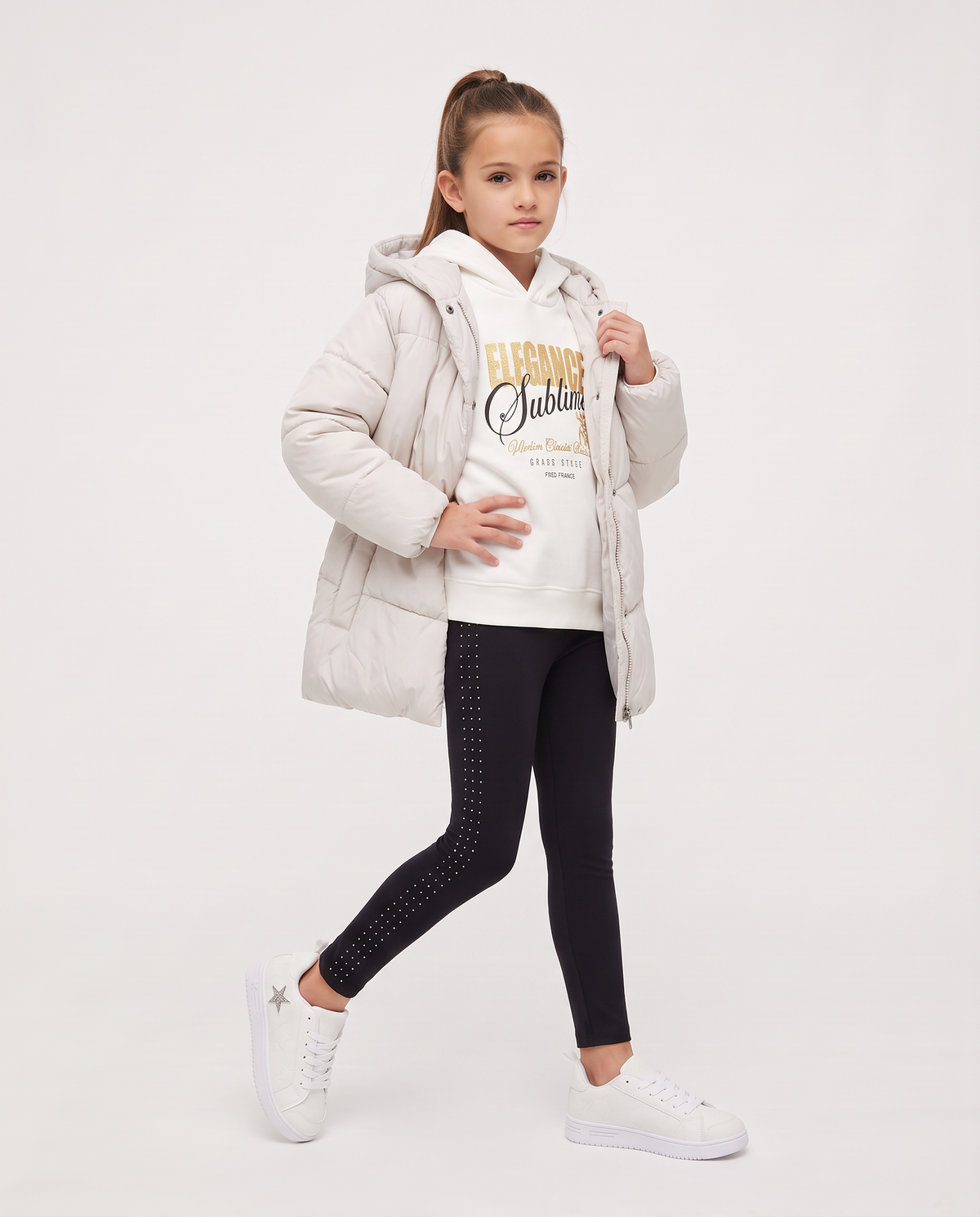 Giaccone imbottito da bambina con cappuccio - Beige