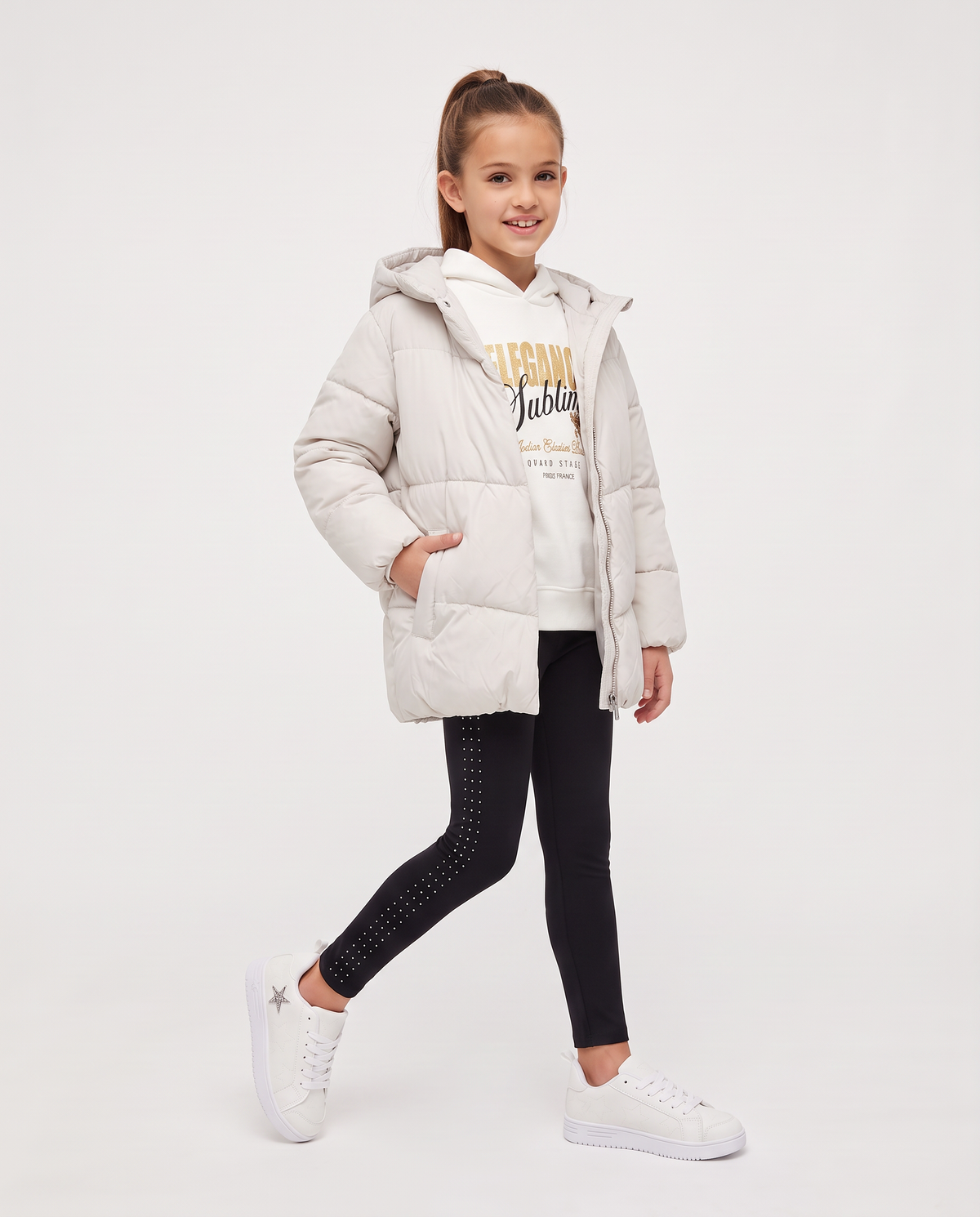 Giaccone imbottito da bambina con cappuccio - Beige