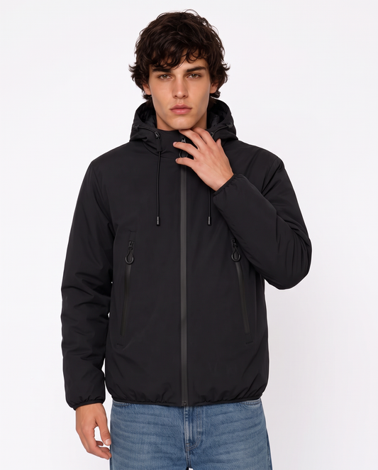 Windproof Jacket with Padded Hood - Black