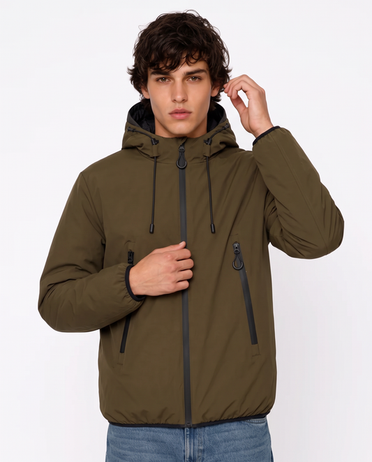 Windproof Jacket with Padded Hood - Brown