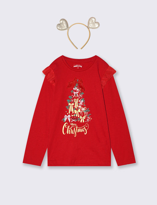 T-shirt lunga natalizia con tulle e strass - Rosso