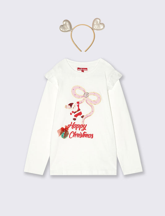 T-shirt lunga natalizia con tulle e strass - Bianco latte