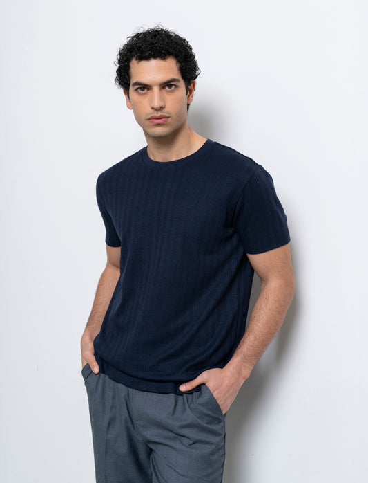 T-shirt a coste effetto maglia da uomo - Blu