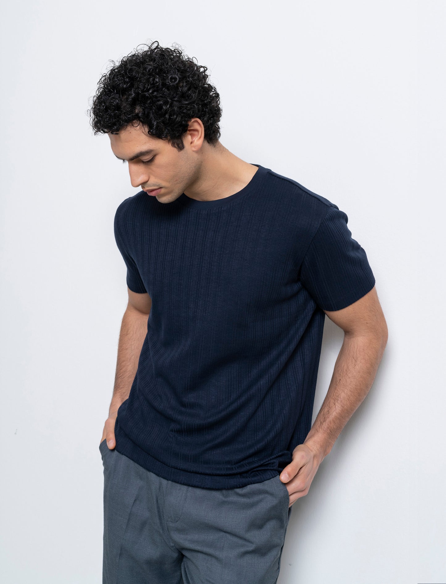 T-shirt a coste effetto maglia da uomo - Blu