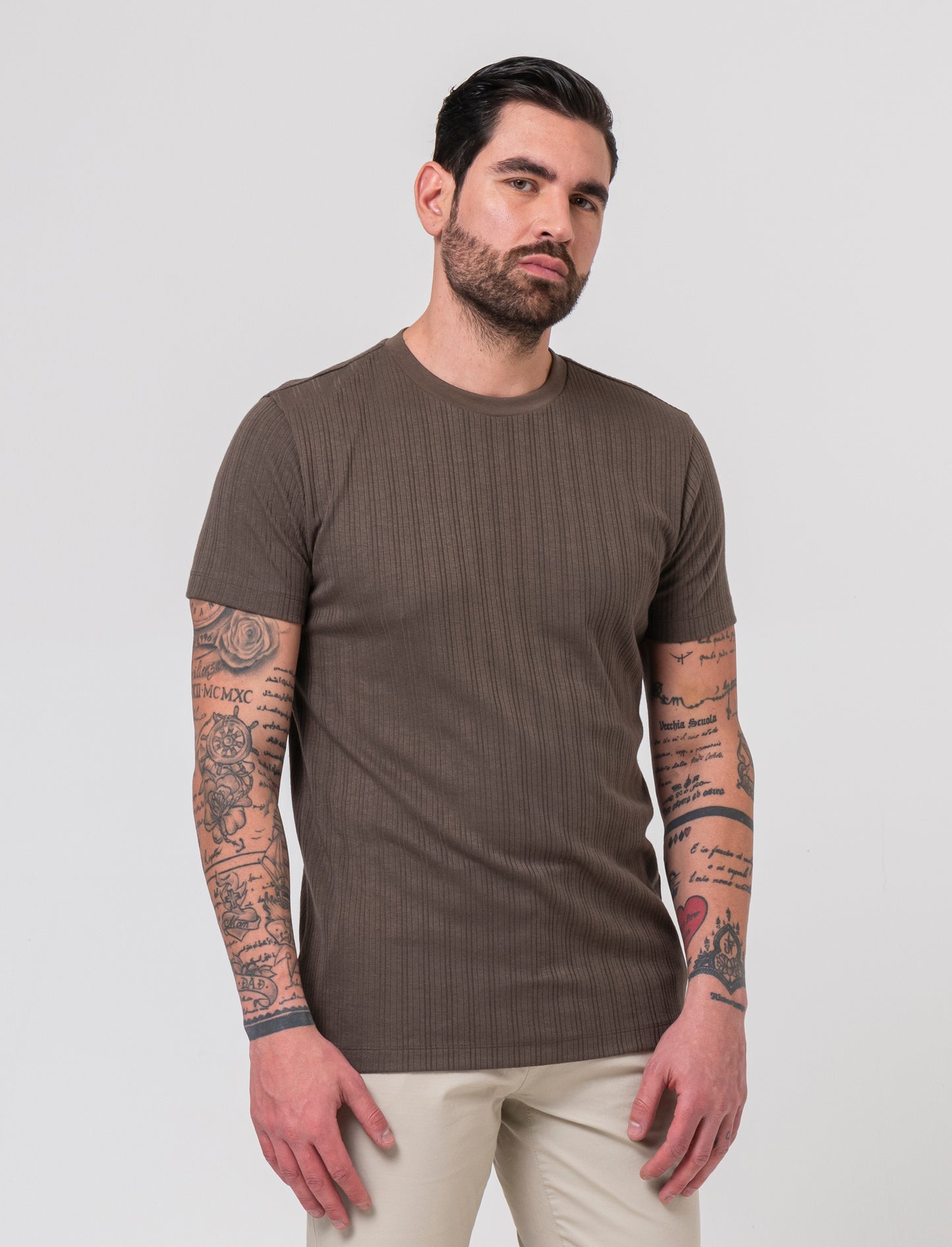 T-shirt a coste effetto maglia da uomo - Grigio fango