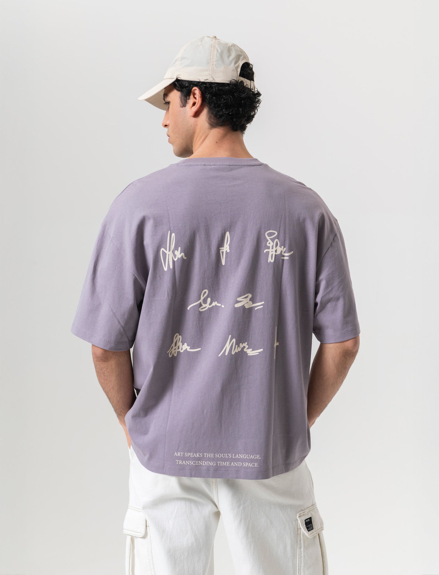 T-shirt boxy fit in cotone con stampe e ricamo da uomo - Lilla