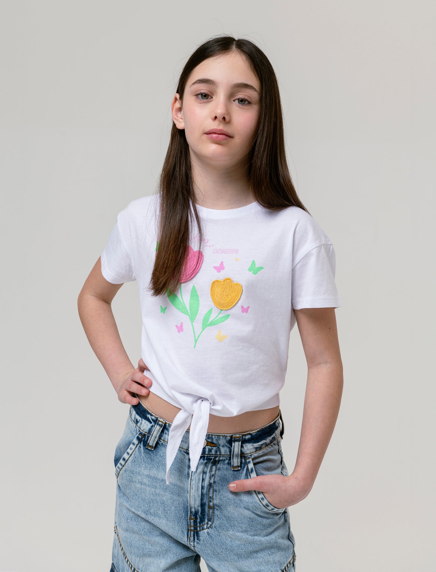 T-shirt in cotone con nodo. da bambina - Bianco latte