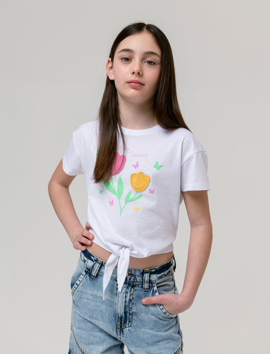 T-shirt in cotone con nodo. da bambina - Bianco latte