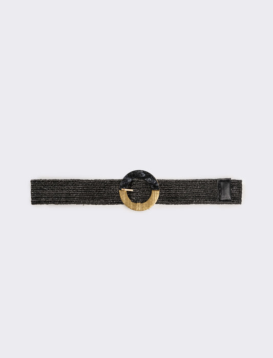 Cintura donna in paglia fibbia tonda - Nero