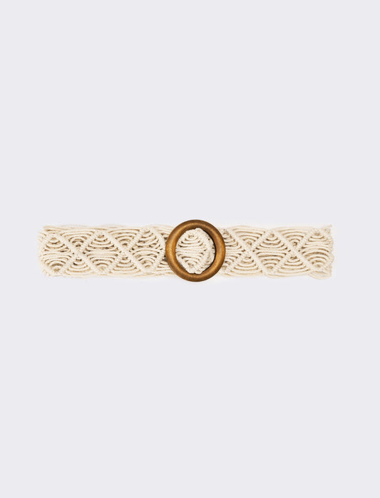 Cintura donna intrecciata filo e fibbia in legno - Beige