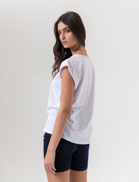 Cross Neck Cap Sleeve T-Shirt for Women - White